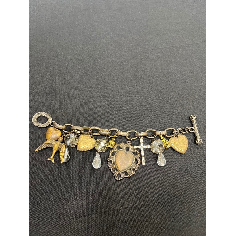 Stella & Dot Vintage Style Charm Bracelet Mixed Metal Heart Bird Cross 8 In